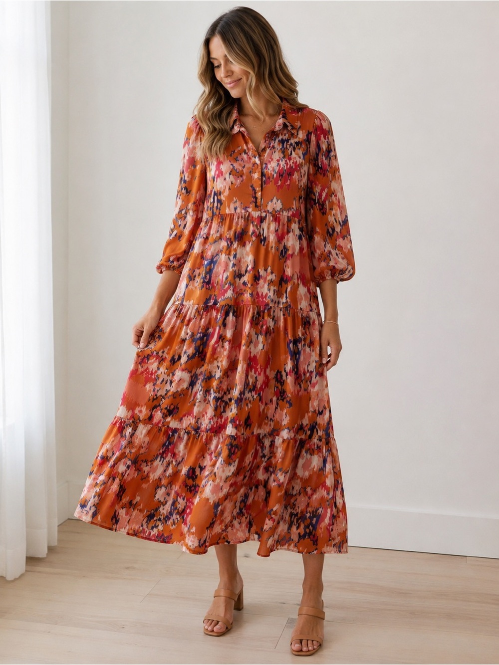 TCEC Size Small Orange Abstract Print Button Front Dress